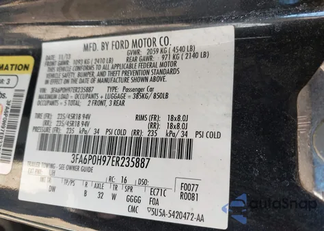 2014 Ford Fusion Se z USA, uszkodzony, nr VIN 3FA6P0H97ER235887